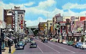 Here is a beautiful Old Route 66 linen 1940s postcard of downtown " ALBUQUERQUE, NEW MEXICO - LOOKING EAST on CENTRAL AVE., with SANDIA  MOUNTAINS in the DISTANCE, MASONIC TEMPLE is seen in