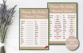 Pass out a copy of this list of animals to each baby shower guest and ask them to write down the correct names of the animal's baby in x minutes. Woodland Baby Shower Game Neutral Baby Shower Rustic Baby Shower Baby Animal Game Name The Baby Animal Game Baby Shower Decorations Sold By White Sparrow Prints On Storenvy