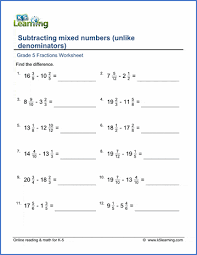 Start today and improve your skills. Grade 5 Math Worksheet Fractions Subtract Mixed Numbers Unlike Denominators K5 Learning
