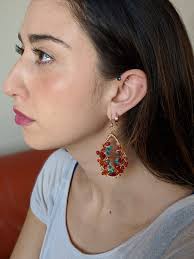 Carnelian Chalcedony Earrings With Teal Wood Beaded Accents