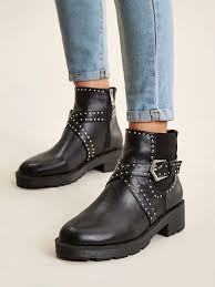 Studded Buckle Decor Side Zip Boots