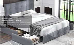 Pharmacy, health & personal care. Amazon Com Allewie Queen Platform Bed Frame With 4 Drawers Storage And Headboard Square Stitched Button Tufted Upholstered Mattress Foundation With Wood Slat Support No Box Spring Needed Light Grey Kitchen Dining