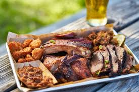 Tray Of Smoked Meats Texas Bbq Style Outside On Picnic Table On Sunny Summer Day Food Texas Bbq Bbq