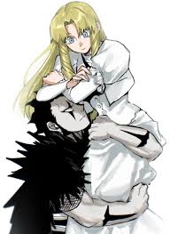 ozaki (tsukiko3), brago (konjiki no gash!!), sherry belmont, konjiki no  gash!!, light blue eyes, highres, 1boy, 1girl, arm tattoo, black hair,  blonde hair, blue eyes, closed mouth, dress, drill hair, facial mark,  fingernails, fishnets, frills, grey background, hug