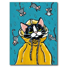 Cute Tuxedo Cat And Raining Mice Illustration Postcard Mouse Illustration Cat Art Cat Painting