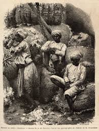 cotton market in Bombay. Engraving ...
