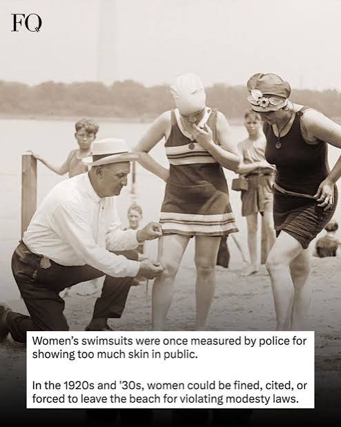 Before bikinis became the norm, women's swimwear in the U.S. was literally policed in the name of modesty. This photo shows a woman having her swimsuit measured for length violations on a… |