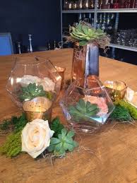 Centerpiece C Trio Of Geometric Vases With Floral And Succulents Paired With Trio Of Rose Gold Mercury Terrarium Centerpiece Geometric Vases Gold Terrarium