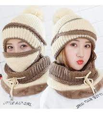 Women S Warm Fleece Pom Hat Removable Windproof Mask Neck Scarf Sets Beige C7188ka5csd Knitted Hats Scarf Set Hat And Scarf Sets