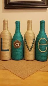 Decorated Wine Bottles Set Of 4 Love Upcycled Decoratedwinebottles Bottles Decoration Wine Bottle Decor Diy Bottle Crafts