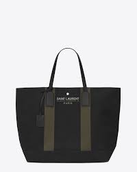 Saint Laurent Sac Shopping East West Beach En Toile Noire Et Kaki Et En Cuir Noir Ysl Com Sac Shopping Tote Bag Sac