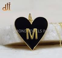 Yellow Vermeil Silver Initial Pendant: Black Enamel Heart Necklace