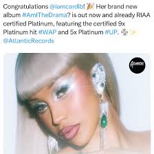 Cardi B's “Am I the Drama?” is now certified PLATINUM in the US for selling  1 MILLION units. It is the FIRST female album in HISTORY to achieve this. 🔥