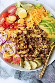 Cheeseburger Salad With Mustard Dressing Recipe Cheeseburger Salad Recipe Burger Salad Dinner Salads