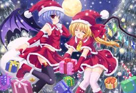 Girls Blonde Hair Blue Hair Candy Christmas Food Gloves Hat Moon Red Eyes Santa Costume Santa Hat Sky Snow Thighhighs Touho Anime Christmas Anime Santa Costume
