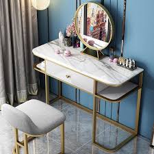 Faux Marble Tabletop Dressing Makeup Table With Mirror Drawer Chair Included Metal Base In Gold Small Large Makeup Table With Mirror Mirror Drawers Table Top Design