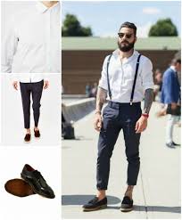 Ausgefallener Stil Von Mann Mit Bart Kurze Hose Und Hosentrager Brille Lederschuhe Moderne Frisur Lassiger Mann Herren Mode Business Casual Herren