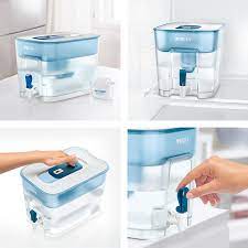 Only 21cm wide (220 x 212 x 310mm) superior design, performance and styling the flow water dispenser can be placed on a kitchen shelf, surface or fridge shelf and is the ideal solution for families or offices requiring lots of freshly filtered water. Brita Water Filter Jugs Brita