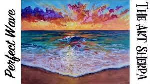 An art print featuring waves on the shore with a orange and red beach sunset with the sun reflected in the ocean. The Perfect Wave Ocean Sunset Step By Step Acrylic Painting Theartsherpa The Art Sherpa