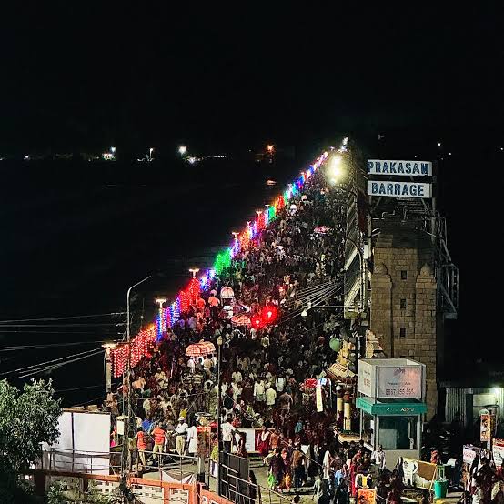 Illuminated evening vibrancy at Prakasam Barrage, AI generated