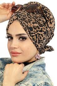 Aise Tesettur Leopar Desenli Hazir Turban Turbanlar Turkuaz Leopar
