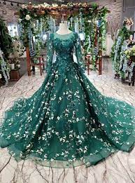 Dark Green Tulle Long Sleeve Appliques Luxury Wedding Dress With Pearls Green Ball Dresses Green Wedding Dresses Green Prom Dress