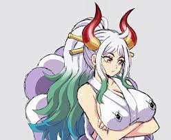 lewdamone, yamato (one piece), one piece, animated, animated gif, 1girl,  blouse, bouncing breasts, breast tattoo, breasts, brown eyes, flashing,  green hair, holding, horns, japanese clothes, large breasts, long hair,  looking at viewer,
