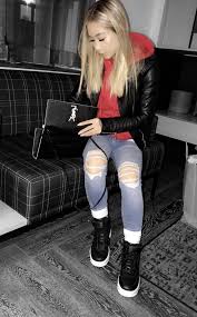 Nyc Fall Outfit Leather Jacket With Hoodie And Sneakers Red Hoodie Outfit Hoodie Outfit Casual Black Leather Jacket Outfit