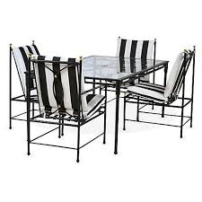 Black And White Outdoor Furniture Set Our Frances Outdoor Dining Set Looks Timeless In Bold Black And White Cabana Stripes White Patio Furniture Black Patio Furniture White Dining Set