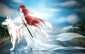 Hd wallpapers and background images. Wallpaper The Sky Water Girl Clouds Trees Reflection Rain Anime Dress Art Profile Red Hair White Wolf Sword Weapons Images For Desktop Section Prochee Download