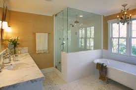 How To Build A Half Wall Shower Bathroom Traditional With Beige Grasscloth Marble Countertop Makeup Mir Traditional Bathroom Bathroom Interior Half Wall Shower