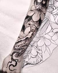 Snake And Flowers Tattoo Sleeve By Brunosantostattoo Half Sleeve Tattoo Half Sleeve Tattoos Lower Arm Sleeve Tattoos