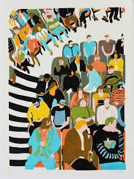 Linocut Print Of A Cinema Crowd Movie Theatre Colour Lino Print On Japanese Imitation Vellum Paper Limited Edition Linocut Prints Linocut Lino Print
