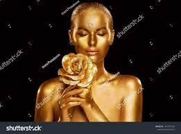 Gold Fashion Model Beauty Portrait With Rose Flower Golden Woman Art Luxury Makeup On Studio Black Background Ad Beauty Portrait Beauty Model Gold Fashion