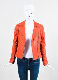Deep Orange Maje Leather Quilted Moto Jacket Orange Leather Jacket Jackets Fitted Blazer Jacket
