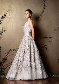 That Pretty Shyamal And Bhumika Silver Net Gown With Floral Cutwork 3 Pink Gowns Reception Gown Gowns