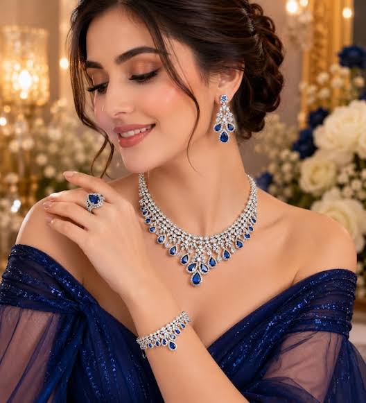 Luxury Sapphire Blue Bridal Jewelry Set, Platinum Plated CZ Wedding Necklace  Set, Elegant Teardrop Crystal Necklace Earrings Ring Bracelet - Etsy  Singapore