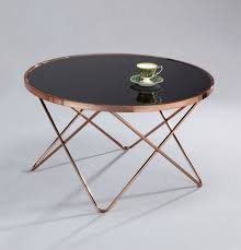 The coffee table is the piece of resistance in the living room. Glass Coffee Table Black Round Top Copper Metal Steel Base Living Room Furniture Copper Coffee Table Glass Table Living Room Coffee Table