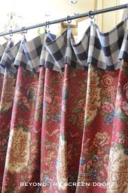 Beautiful cottage blue window panels / curtains trimmed in lace with ruffled flounce attached valance. Buffalo Check Floral Board Mounted Valance Tutorial Sonya Hamilton Designs Cafe Curtains Kitchen Country Kitchen Curtains Kitchen Window Treatments