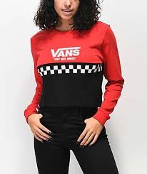 Black And Gold Vans Shirt Vans Red Black Colorblock Crop Long Sleeve T Shirt Zumiez Long Sleeve Long Sleeve Tees Women Zumiez
