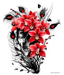 Black And White Sugar Skull Thigh Tattoo Sugar Skull Is A Digitally Illustrated Image Of A Skull Surrounded By Orchid Flowers And Peacock Feath Willow Tree Tattoos Skull Rose Tattoos Tree Tattoo Arm