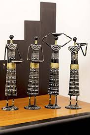 Cocovey Set Of 4 Wooden Handicraft Handmade Home Decor Items Metal African Yellow Farmer Ladies Sculpture Handmade Home Decor Handmade Home Accent Table Decor