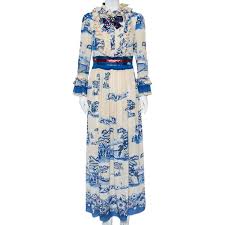 Gucci Cream & Navy Blue Porcelain Garden Printed Silk Ruffled Maxi Dress  XXL Gucci | TLC