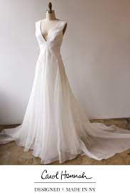 Deep V Neck A Line Wedding Gown In Crepe And Organza Full Flowy Skirt And Interesting Seams Bridal G Wedding Dresses Whimsical Wedding Dresses Ethereal Bride