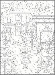 Snowy/winter christmas scene coloring page. Winter Scene Coloring Page For Kids Drawing With Crayons