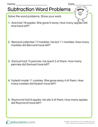 We provide math word problems for addition subtraction time money fractions and lengths. 1st Grade Subtraction Word Problems Resources Education Com