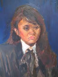 Large Old Mid Century Female Portrait Grumpy School Girl Oil Painting