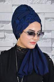 Aise Tesettur Lacivert Dantel Hazir Fularli Bone Dantel Salbone Dantel Kadin Giyim Basortusu Modasi