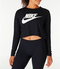 Black And White Long Sleeve Shirt Womens Front View Of Women S Nike Sportswear Essential Crop Long Sleeve Top In Black White Nike Long Sleeve Long Sleeve Tops Womens Shirts