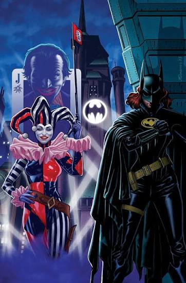 Batman (Barbara Gordon), Harley Quinn (Harleen Quinzel), and the Joker  (Jack Napier) of the Burtonverse by Joe Quinones and Leonardo Ito, cover to  2024's Batman '89: Echoes #2.🦇🌃📚